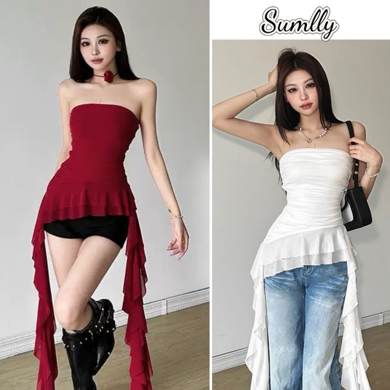 Áo mùa hè mới cho nữ, gợi cảm, bèo nhún, viền ren không đều, áo ống không dây，Màu trơn, vừa vặn | BigBuy360 - bigbuy360.vn