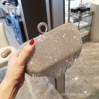 Túi Rhinestone tua rua màu bạc váy dạ hội Túi cầm tay Dự Tiệc Túi nạm kim cương túi phụ nữ cao cấp kết cấu Túi dạ tiệc xách tay