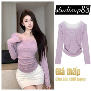 (Ảnh+ Video Thật)Áo trễ vai tay bồng phối bèo nhiều hoa hồng, áo kiểu nữ dài tay chất tăm gân co dãn