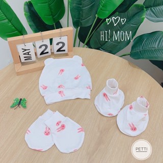 Set Mũ Kèm Bao Tay Chân Hi! Mom  Nền Trắng Họa Tiết Chất Vải PETTI Mềm Mát Thoáng Khí Cho Bé Sơ Sinh