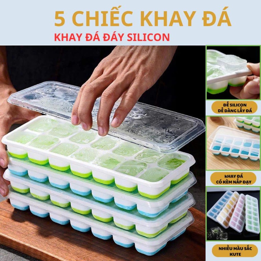 COMBO 5 Khay Làm Đá Silicon 14 Viên Có Nắp Đậy - Khuôn Làm Đá Tủ Lạnh Bảo Quản Chống Mùi Gia Dụng One Top
