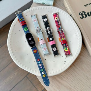 Dây Đeo Hoa Da Denim Dễ Thương Cho Xiaomi Smart Band 10 9 8 NFC Slim Woman Vòng Tay Dây Đeo Xiaomi Mi Band 9 10 Dây Đeo Thay Thế Phụ Kiện