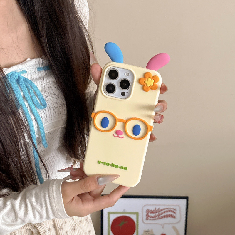 3D Cartoon Glasses Flower Rabbit Silicone Phone Case for iPhone 13 14 15 16 Pro Max casing Soft sili