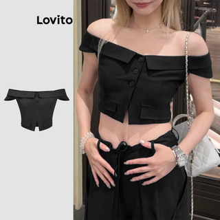 Áo Lovito trễ vai màu trơn có nút thời trang thường ngày cho nữ L91AD274