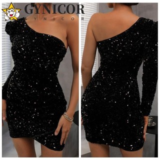 Đầm Sequin GYNICOR, Đầm mỏng không tay màu trơn, Thời trang một vai nghiêng vai dài tay Bodycon Đầm dự tiệc tối