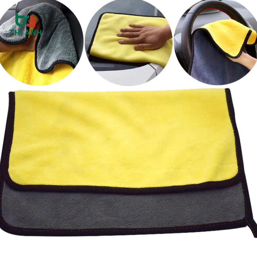 ⚡Siêu Thấm⚡ Khăn lau ô tô xe hơi lau bếp lau kính Khăn Lau Đa Năng Microfiber 2 Mặt Vàng Xám Cực Dày