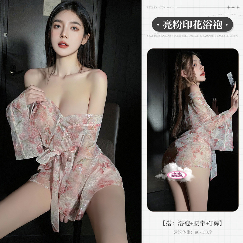 Đồ lót sexy, áo cardigan sâu V không vai, áo choàng kimono in lá vàng trong suốt | BigBuy360 - bigbuy360.vn