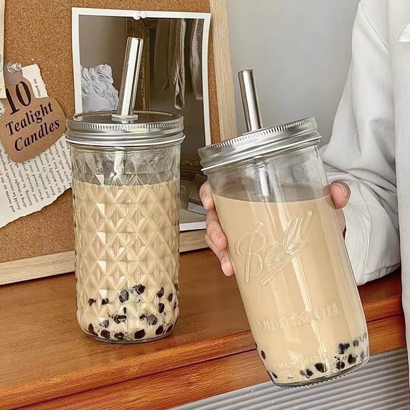 [Kèm nắp+ống hút] Ly thủy tinh uống trà sữa dung tích lớn 650ml ly uống nước trong suốt