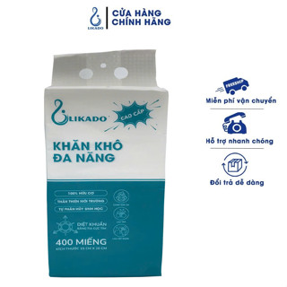  Khăn khô đa năng siêu mềm mịn cho bé LIKADO  túi 400 tờ cotton kích thước 15 x 20cm tự phân hủy 