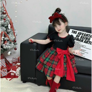 10-32kg (tặng bờm nơ) Váy noel đen phối chân váy kẻ hai tầng mix nơ to HN cho bé gái
