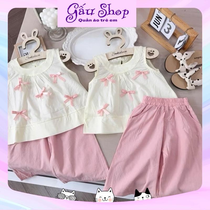 Xả kho SN17 - Bộ quần aod bé gái, Set áo sát nách nơ hồng quần ống rộng cho bé gái
