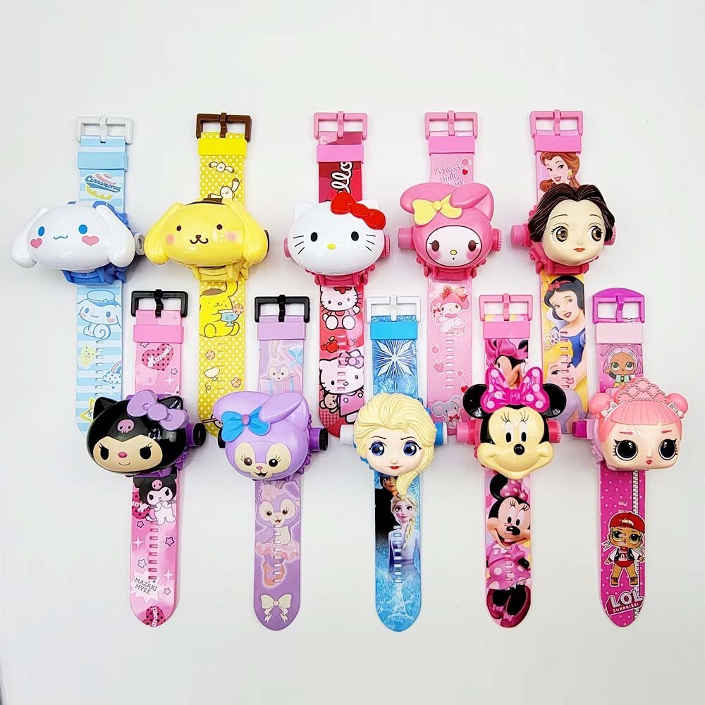 Đồng hồ trẻ em máy chiếu sáng 24 hình ảnh kuromi sanrio spiderman elsa kitty đồ chơi đồng hồ cho bé