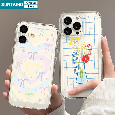 Suntaiho Trái Tim Ngọt Ngào Và Nơ Họa Tiết Bó Hoa Ốp Điện Thoại TPU Mềm Trong Suốt Chống Sốc Cho iPhone 11 12 13 14 15 16 Pro max IP 7 8 Plus Iphon X Xs XR Xs max