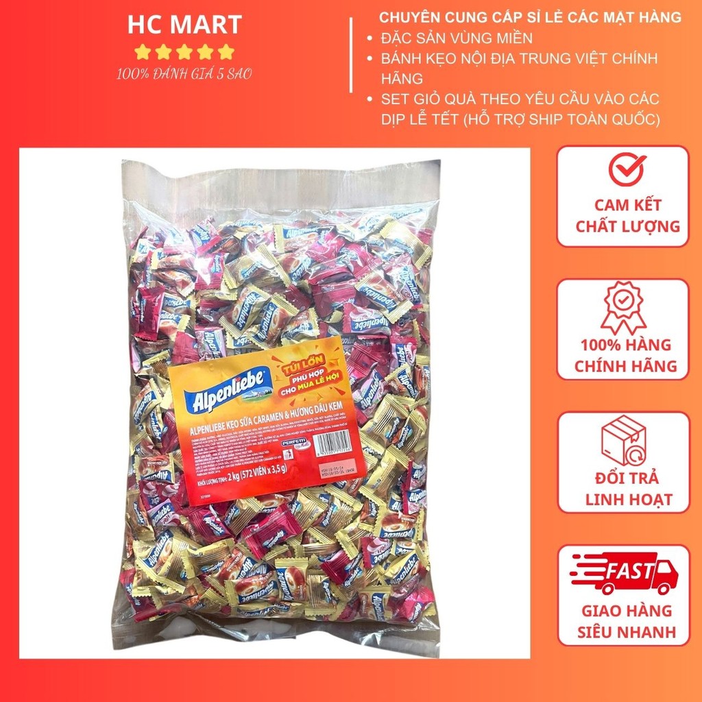 Kẹo Béo Alpenliebe Túi Lớn 2kg Mix Các Vị Dâu, Caramen X 571 Viên