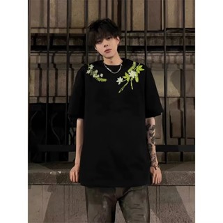 2025 áo thun nam mùa hè mới phong cách retro Mỹ cổ tròn mỏng thời trang thêu cao cấp co giãn nhỏ thoải mái