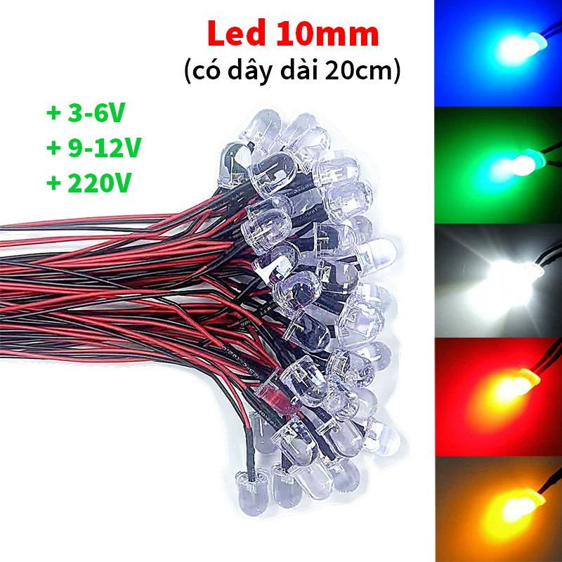 Set 5 bóng đèn led 10mm 3-6v, 9-12v, 220v có dây dài 20cm, led 12v, bóng đèn 12v siêu sáng trắng, và