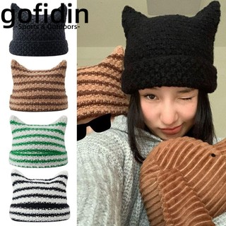Gofidin Ins Little Devil Skullies Mũ Thu Đông Mũi Nhọn Áo Chui Đầu Nữ Mũ Sọc