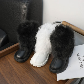  Giày Cao Cấp Bé Gái Dày Ấm Áp Lông Tơ Đen Trắng Thời Trang Trẻ Em Mùa Đông Giày Bốt Trẻ Em Da Dài Giày Mới Bên Dây Kéo 