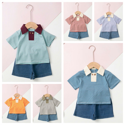 Bộ cộc tay LITIBABY áo thun cổ bẻ, quần jean size từ 6 tháng đến 10 tuổi