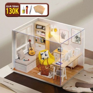 Nhà búp bê Barbie lắp ghép Bằng Gỗ Có đèn Led, Full nội thất  Phòng học Sinh  Tặng kèm Mica và dụng cụ lắp ráp Cuteroom