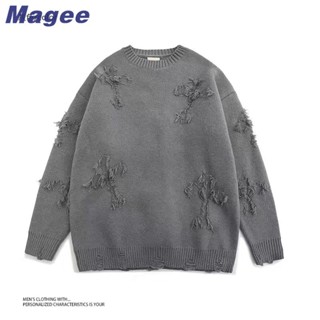  Magee Áo len nam mới có đường phố cổ điển Mỹ sang trọng thiết kế chéo đục lỗ cá tính dáng rộng phù hợp cho thanh thiếu niên và cặp đôi áo thời trang 