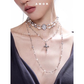 Vòng cổ dài xếp chồng chéo ngọc trai Vòng cổ đính cườm thủ công