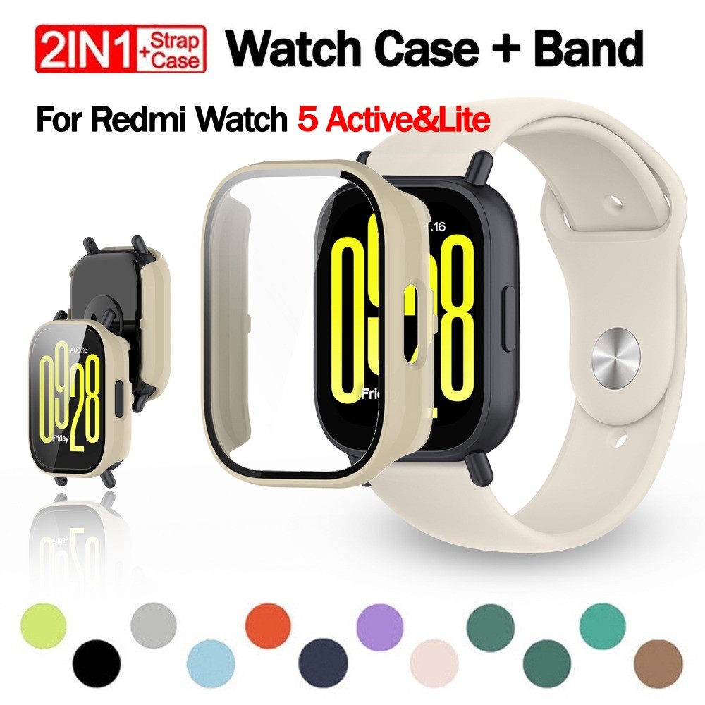 Vỏ Dây Đeo Silicon Màu Trơn Cho Xiaomi Redmi Watch 5 Active / 5 Lite Full Cover Kính Bảo Vệ PC Cứng 