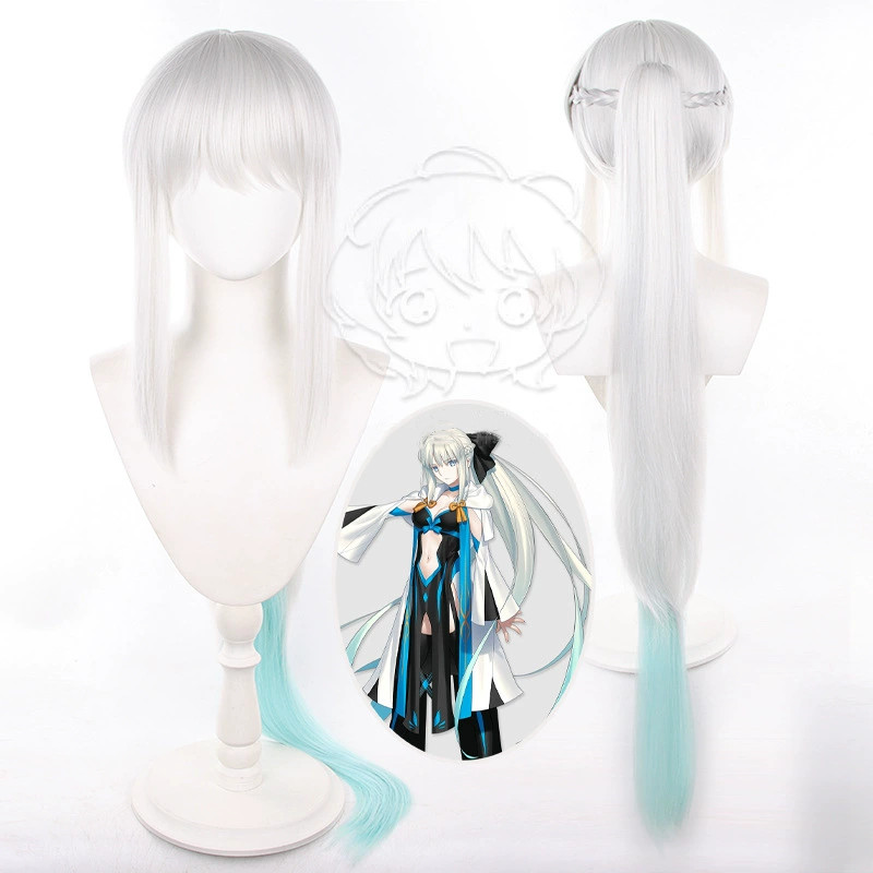 105CM Dài Trắng Gradient Tóc Giả Xanh Tóc Giả Có Đuôi Ngựa Cho Fate / Grand Order Morgan Anime Cospl