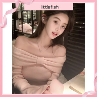 [Littlefish] Áo len phối bên trong dệt kim Trễ Vai Nơ bướm thiếu nữ màu hồng sương mù