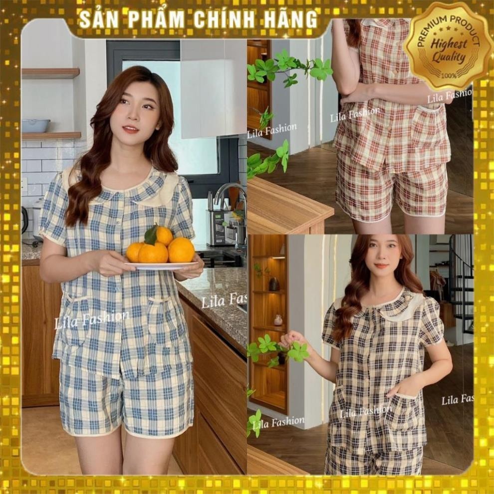 XẢ KHO D02 Bộ đồ mặc nhà ngắn tay quần đùi kẻ caro mềm mịn, mát khi mặc Giảm 30% Lila Dobothietke
