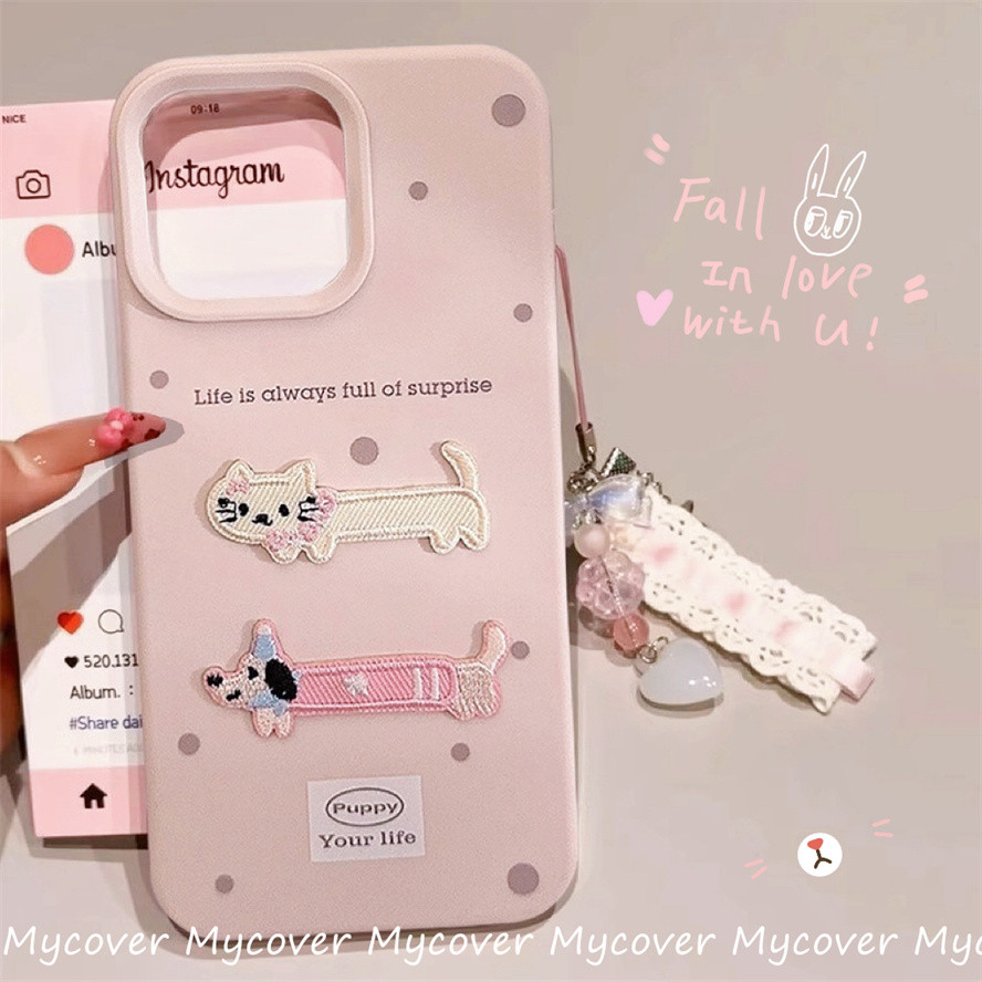 Ốp điện thoại hình mèo dễ thương Dachshund Puppuy thêu tương thích cho iPhone 14 13 12 11 16 15 Pro Max 16E iPhone 7Plus 8 6 X XR Xs Max Sand Pink Frosted Lychee Matte Phone Case