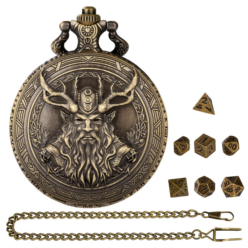 Vintage Engraved Druid Orcs Design Pocket Watch Case with Pendant Chain 7pcs Mini DND Metal Dice for