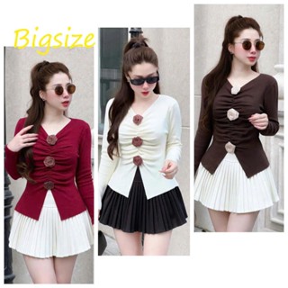 HỎA TỐC (40-90kg) Áo Thun Bigsize Nữ Tay Dài, Thun Gân Tăm Co Giãn, Cổ V Cài 3 Hoa, Đỏ Đen Nude Nâu