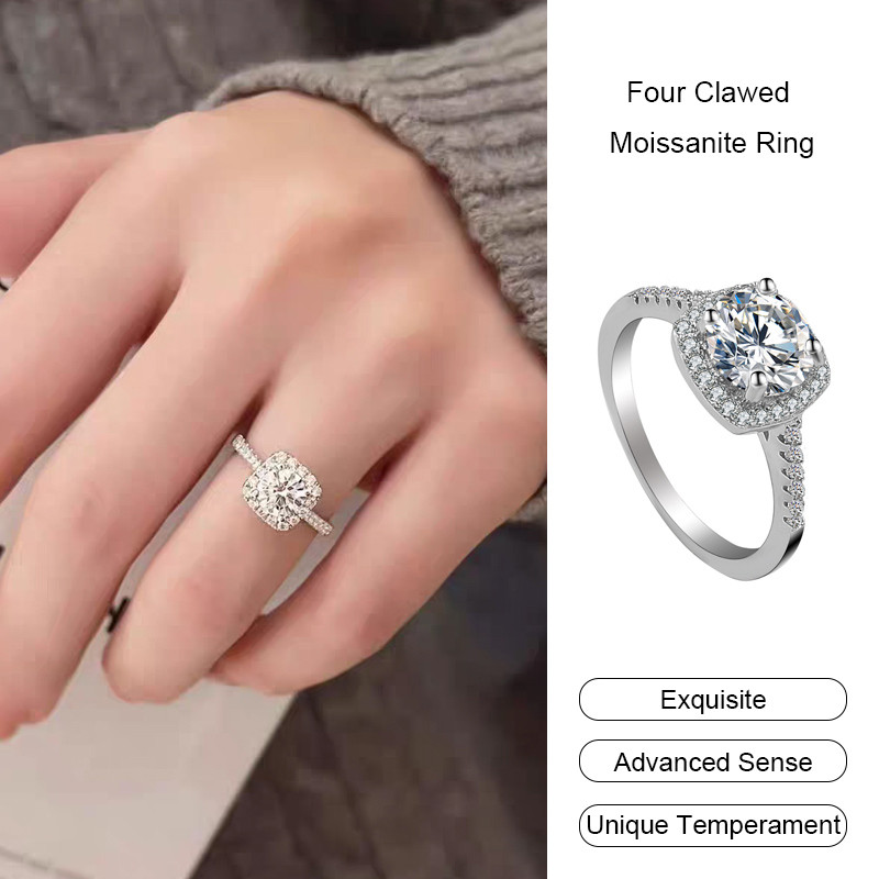 Four Clawed Moissanite Ring Women High-end Square Diamond Ring Light Luxury Open Ring