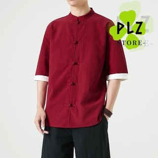 ❈ ❈ ❈ ❈ ❈ ❈ ❈ 🍒 áo sơ mi sườn xám nam baju cina lelaki tang hanfumen samfumen Phong cách Trung Quốc Đường Phù hợp với nút Áo sơ mi vải lanh kiểu dáng Áo sơ mi vải lanh Cotton tay ba phần tư