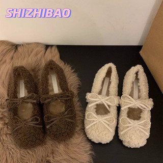 Shizhibao Giày lông phẳng dành cho nữ mùa thu đông mới giày cotton sang trọng Mary Jane