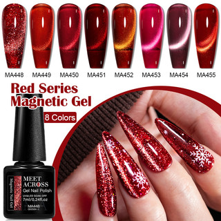 MEET ACROSS 7ml Red Series Gel Từ Tính Sơn Móng Tay Lấp Lánh Thủy Tinh Hạt Pha Lê Mèo Mắt Gel