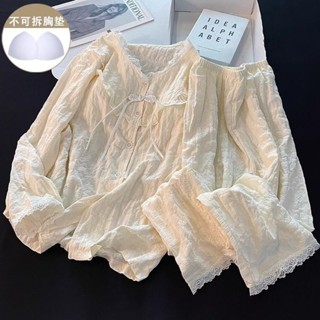 Bộ đồ ngủ đệm bông 100% cotton FDS Bộ đồ mặc nhà thu đông rộng rãi dài tay kiểu Trung Quốc mới Ngọt Ngào Màu hạnh nhân mùa xuân thu cho nữ