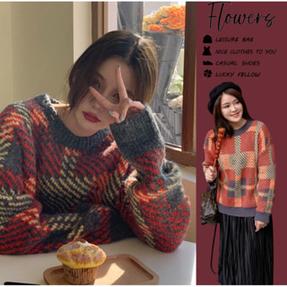 Áo mùa đông Mùa Giáng sinh quần áo dài tay áo len màu đỏ mùa thu và mùa đông retro tương phản áo len lỏng lẻo