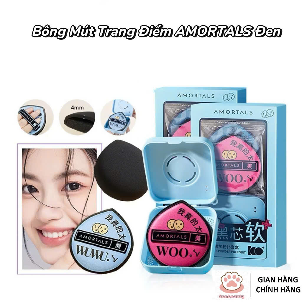 [ AMORTALS ] Bông Mút Trang Điểm AMORTALS Chính Hãng Mềm Mại XL Đen Kèm Hộp Chuyên Dụng Cosmetic