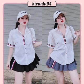 Set Áo Sơ Mi Tay Ngắn Sọc Thom và Chân Váy Xếp Ly Sọc