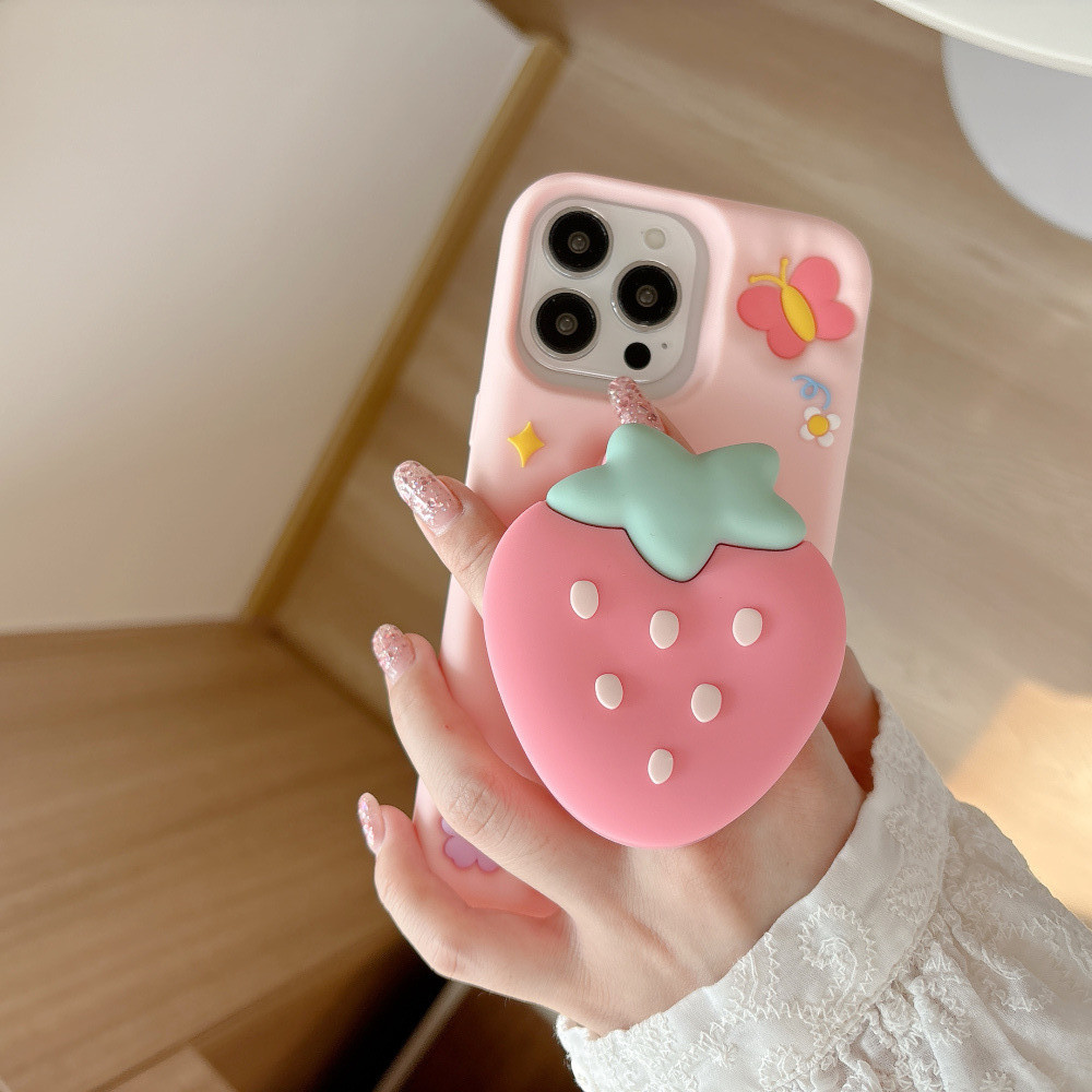 Ốp điện thoại hình dâu hồng IP 14plus 15plus Vỏ silicon gel chống sốc iPhone 16 15 14 13 12 pro max 