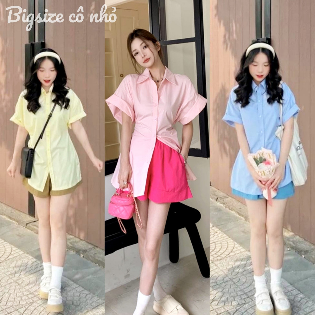 Set Bộ Hè Nữ Bigsize(50kg - 95kg), Sơ Mi Áo Kiểu Nữ Phối Quần Short Lưng Cao Hot Trend SET40