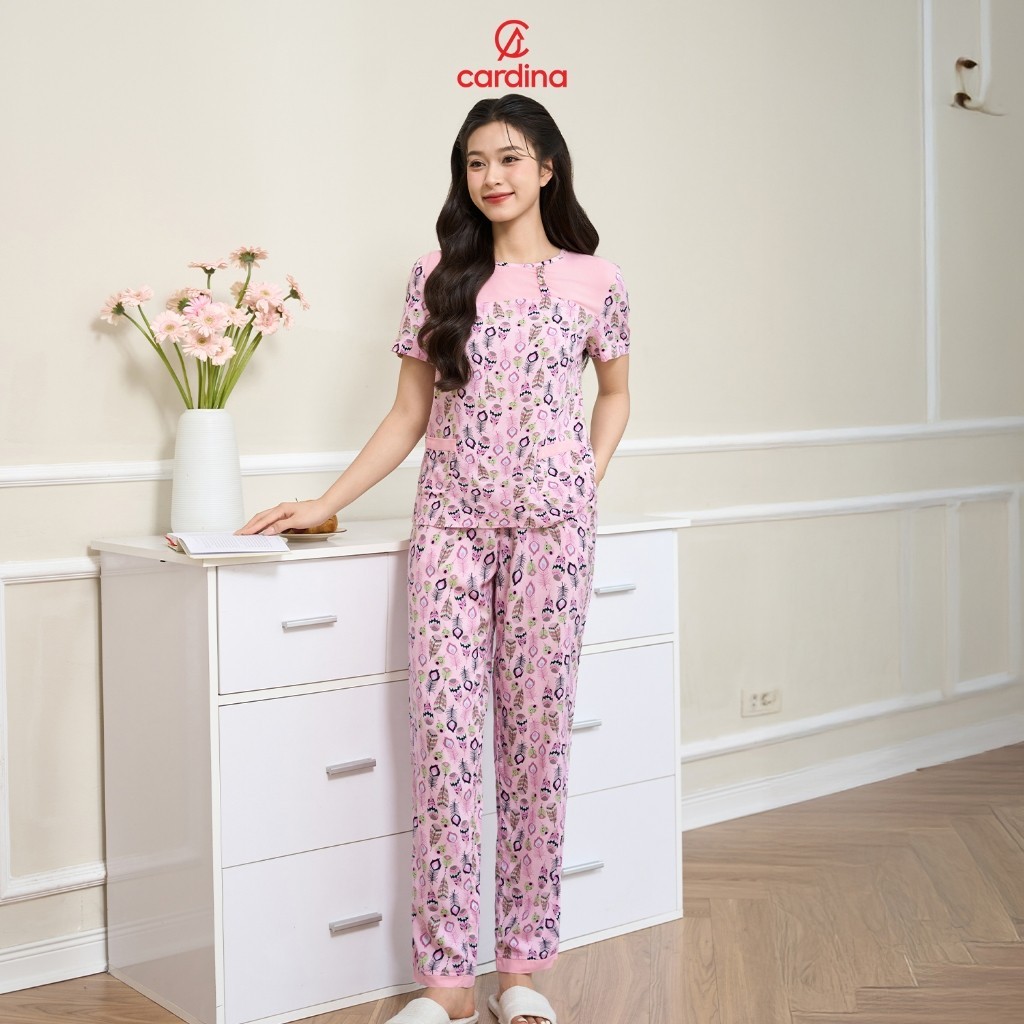 5BLD03 Bộ đồ mặc nhà nữ CARDINA tay ngắn chất lanh phối ngực họa tiết 5BLD03