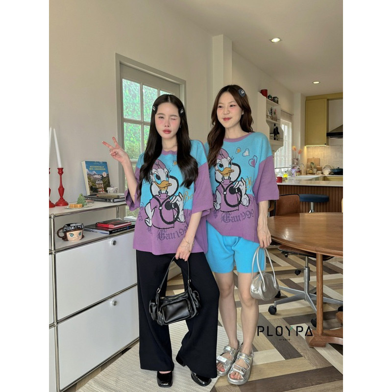 ÁO DỆT KIM PLOYPA VỊT DAISY TÍM XANH 100% CHÍNH HÃNG THÁI LAN, áo thun nữ dáng rộng