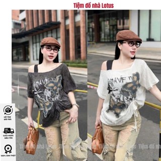 Áo thun lệch vai hoạ tiết bướm phối rách siêu chất cho nàng (Tiệm đồ nhà Lotus)