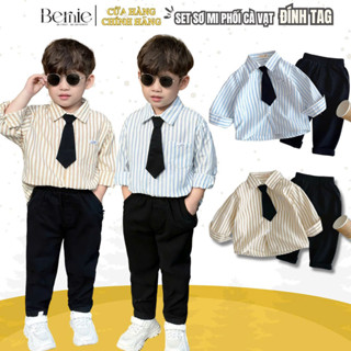 Set bộ sơ mi dài tay áo sơ mi sọc kèm quần kaki dài phối cà vạt cho bé trai 1đến 7t BERNIE T1024B33