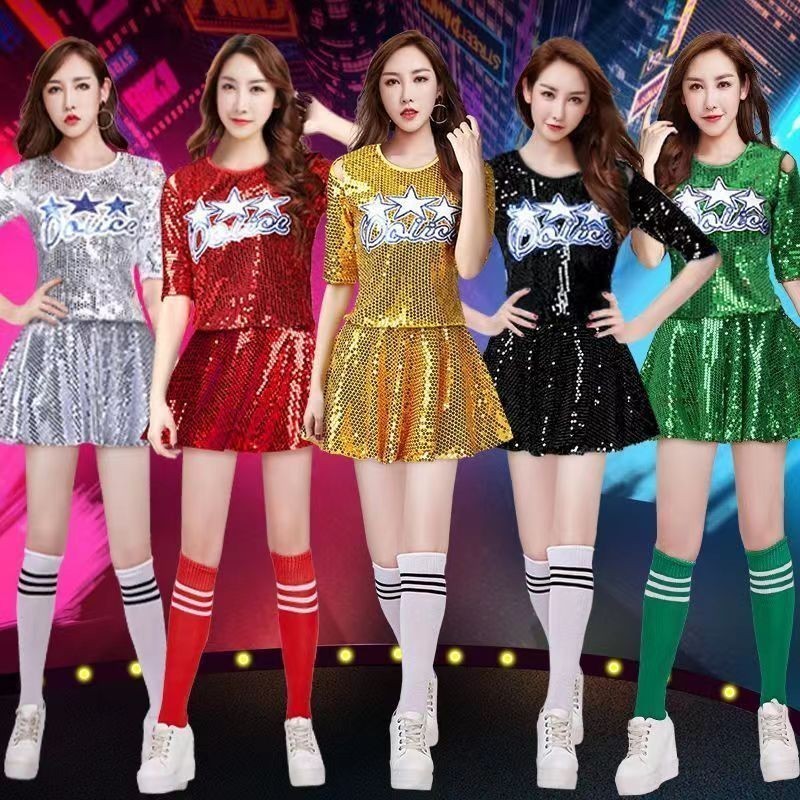Quần áo biểu diễn khiêu vũ nữ Vàng sáng bóng sequin Áo Váy bộ bling bling áo thun tay giữa