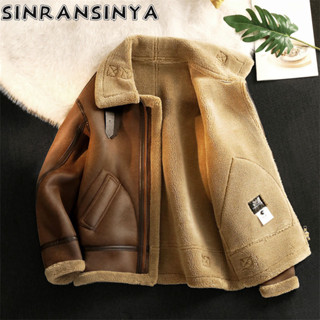 Sinransinya Mới Áo Khoác Nam Mỹ Retro Phố Cao Cấp Lông Thú Một Mảnh Có Nhung Da Áo Khoác Cổ Cừu Nhung Xe Máy Cặp Đôi Thời Trang Hàng Đầu