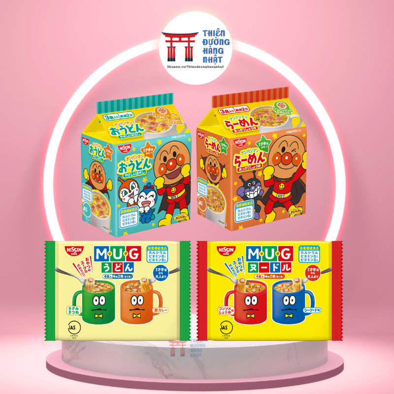 Mì Mug Nissin Nhật Bản, mì chú hề Anpanman Nissin vị hải sản, vị heo ăn liền cho bé từ 12 tháng